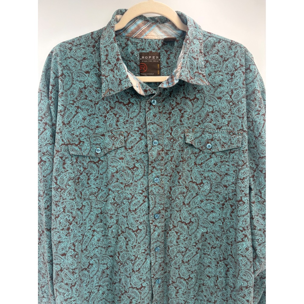 Roper Wear The West Mens 2XL Paisley Western Shirt Brown Turquoise Cotton - Picture 3 of 10